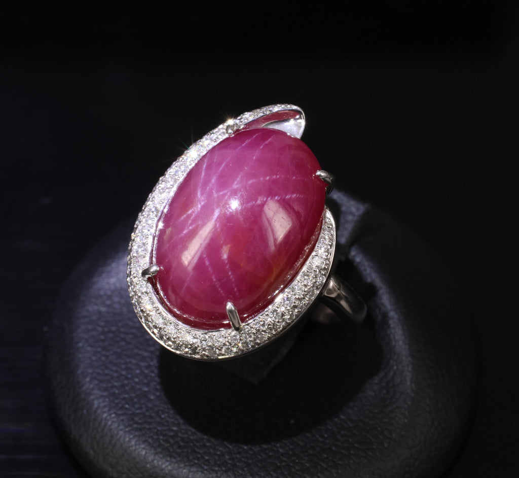 RARE! 20.02ct Natural Double Star Ruby & 0.45ct Diamond 18K Gold Ring, Size 6.25