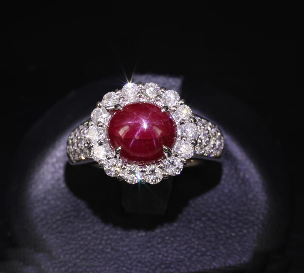 4.39ct Natural Untreated Star Ruby & 1.30ct Diamond Halo Platinum Ring, Size 7
