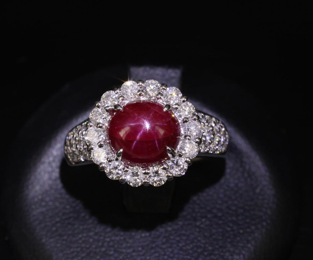 4.39ct Natural Untreated Star Ruby & 1.30ct Diamond Halo Platinum Ring, Size 7