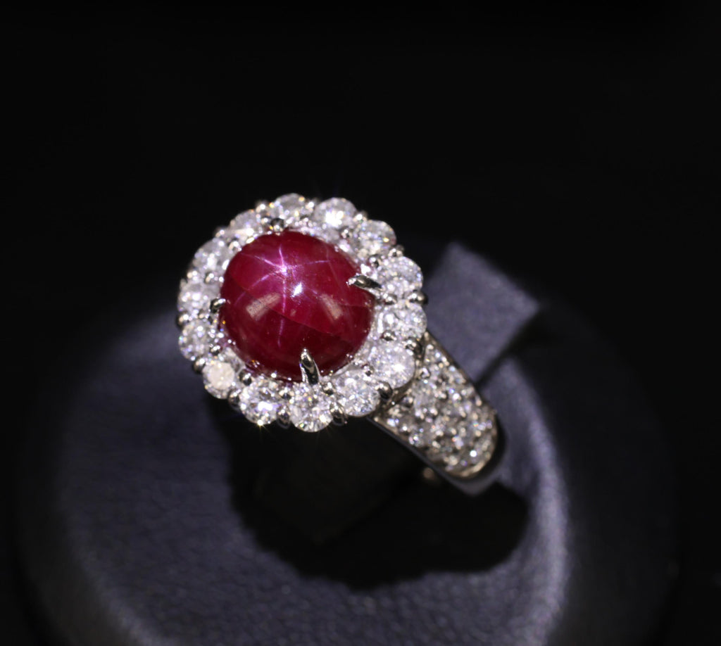 4.39ct Natural Untreated Star Ruby & 1.30ct Diamond Halo Platinum Ring, Size 7