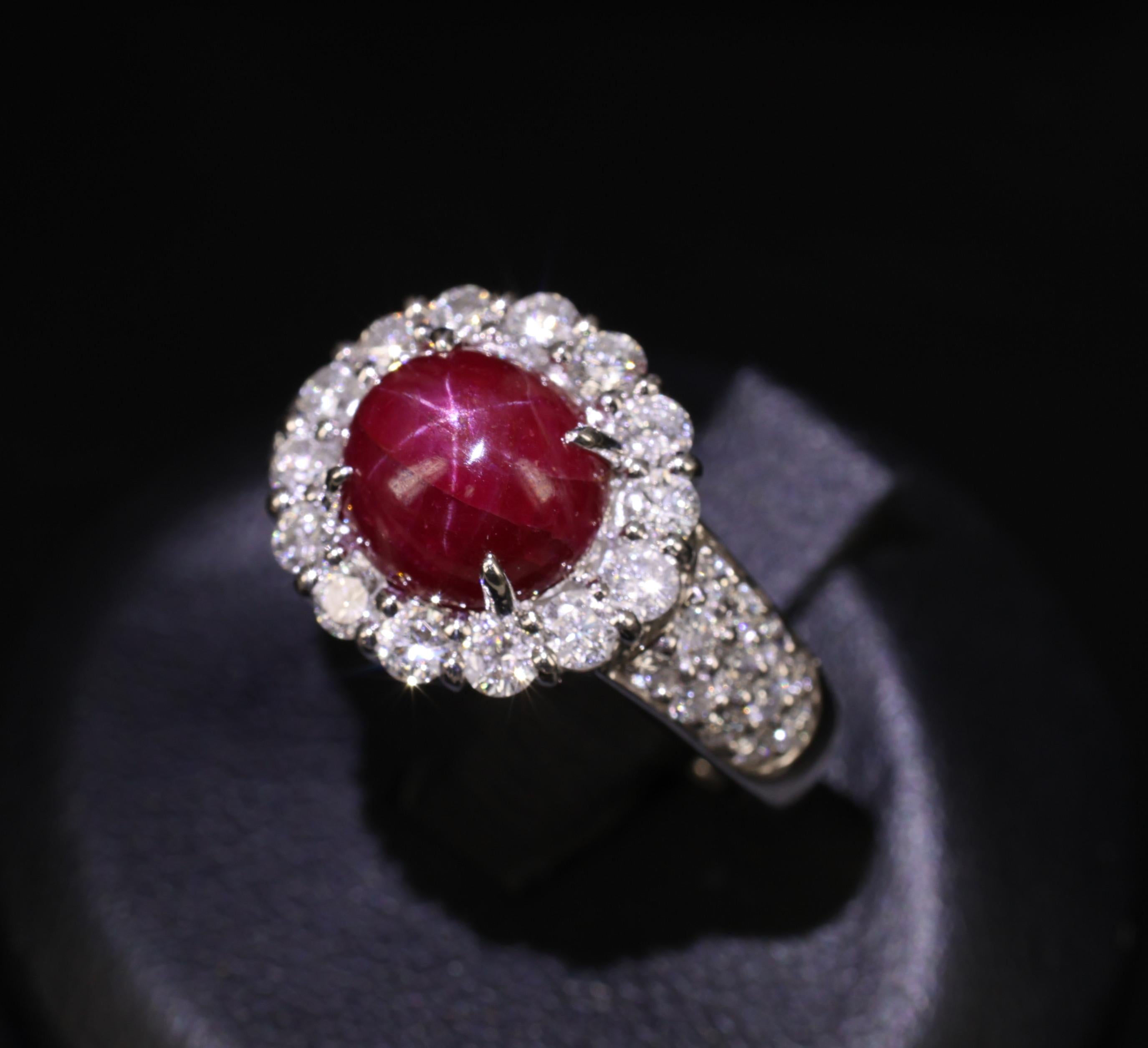 4.39ct Natural Untreated Star Ruby & 1.30ct Diamond Halo Platinum Ring, Size 7