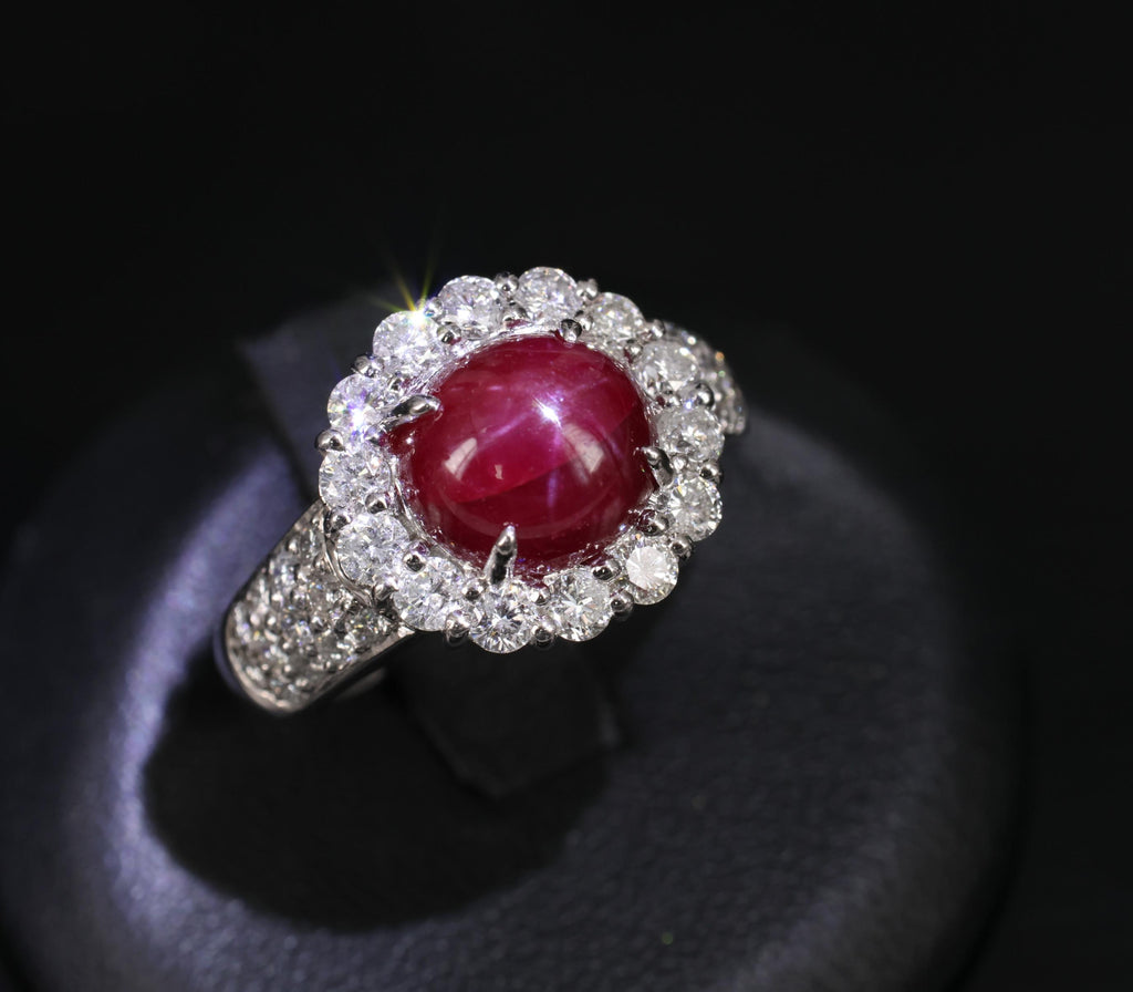 4.39ct Natural Untreated Star Ruby & 1.30ct Diamond Halo Platinum Ring, Size 7