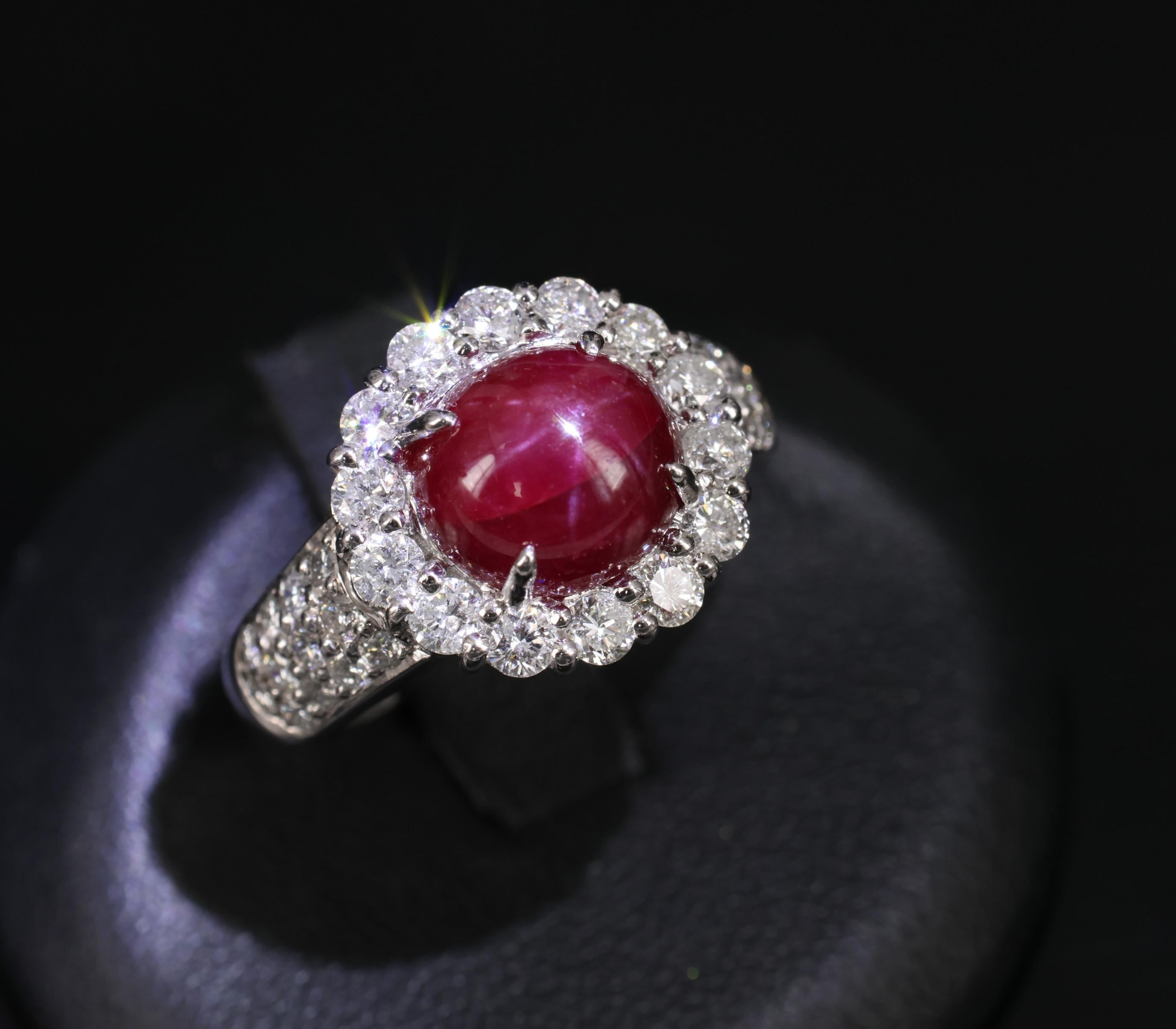 4.39ct Natural Untreated Star Ruby & 1.30ct Diamond Halo Platinum Ring, Size 7