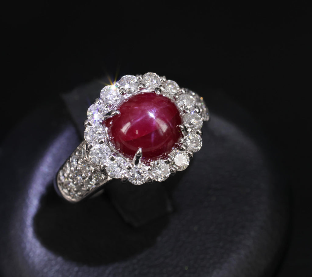 4.39ct Natural Untreated Star Ruby & 1.30ct Diamond Halo Platinum Ring, Size 7