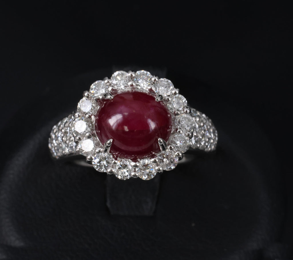 4.39ct Natural Untreated Star Ruby & 1.30ct Diamond Halo Platinum Ring, Size 7