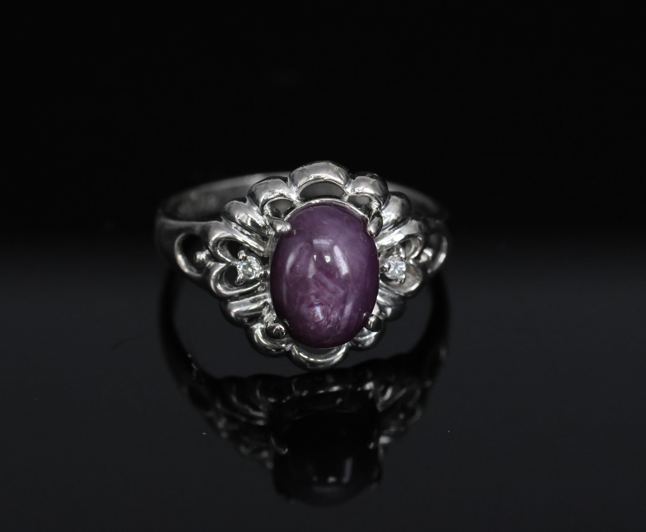 Vintage 2.10ct Natural Star Ruby & 0.02ct Diamond Platinum Ring Size 4.75, 3.0gr