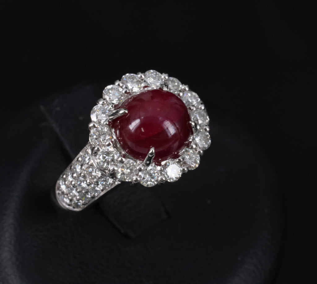 4.39ct Natural Untreated Star Ruby & 1.30ct Diamond Halo Platinum Ring, Size 7