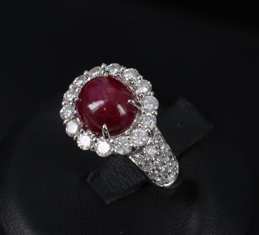 4.39ct Natural Untreated Star Ruby & 1.30ct Diamond Halo Platinum Ring, Size 7