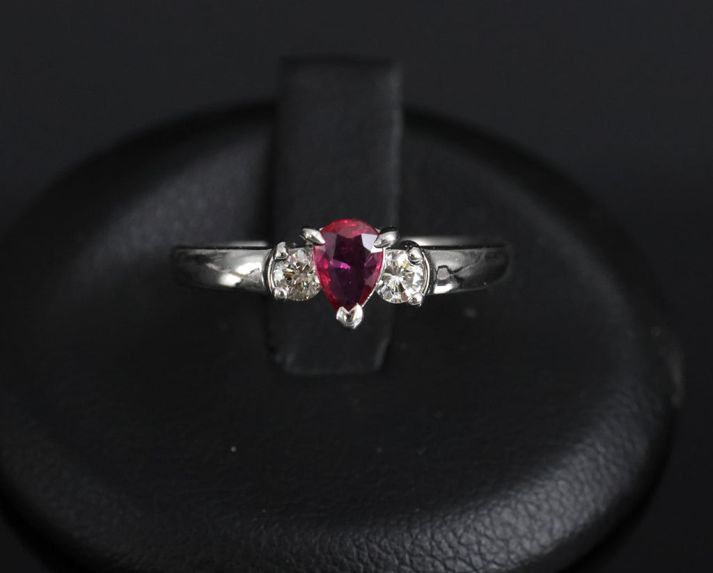 0.31ct Pear Shape Natural Ruby & 0.14ct Diamond Platinum Ring Size 6.25, 2.8g