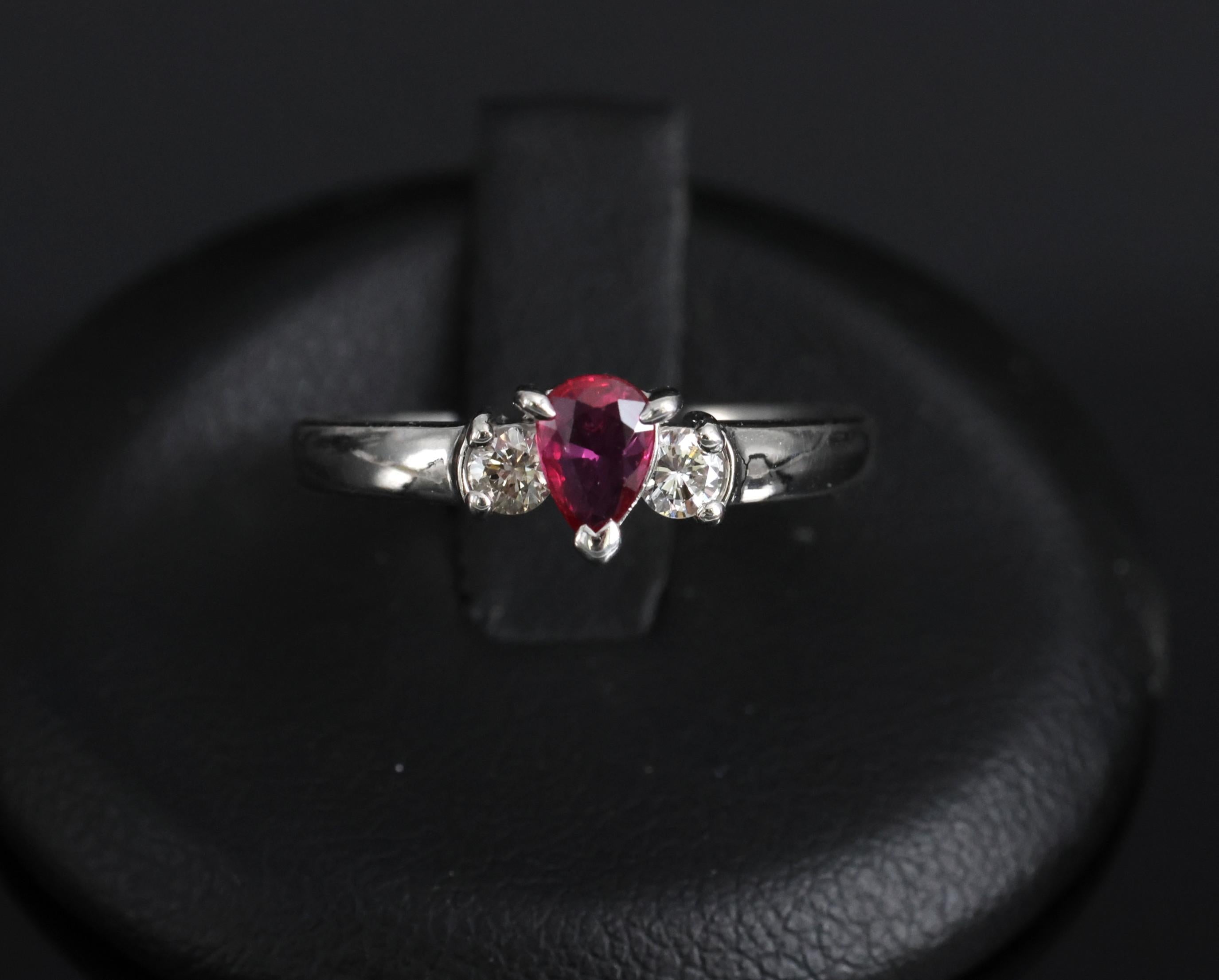 0.31ct Pear Shape Natural Ruby & 0.14ct Diamond Platinum Ring Size 6.25, 2.8g