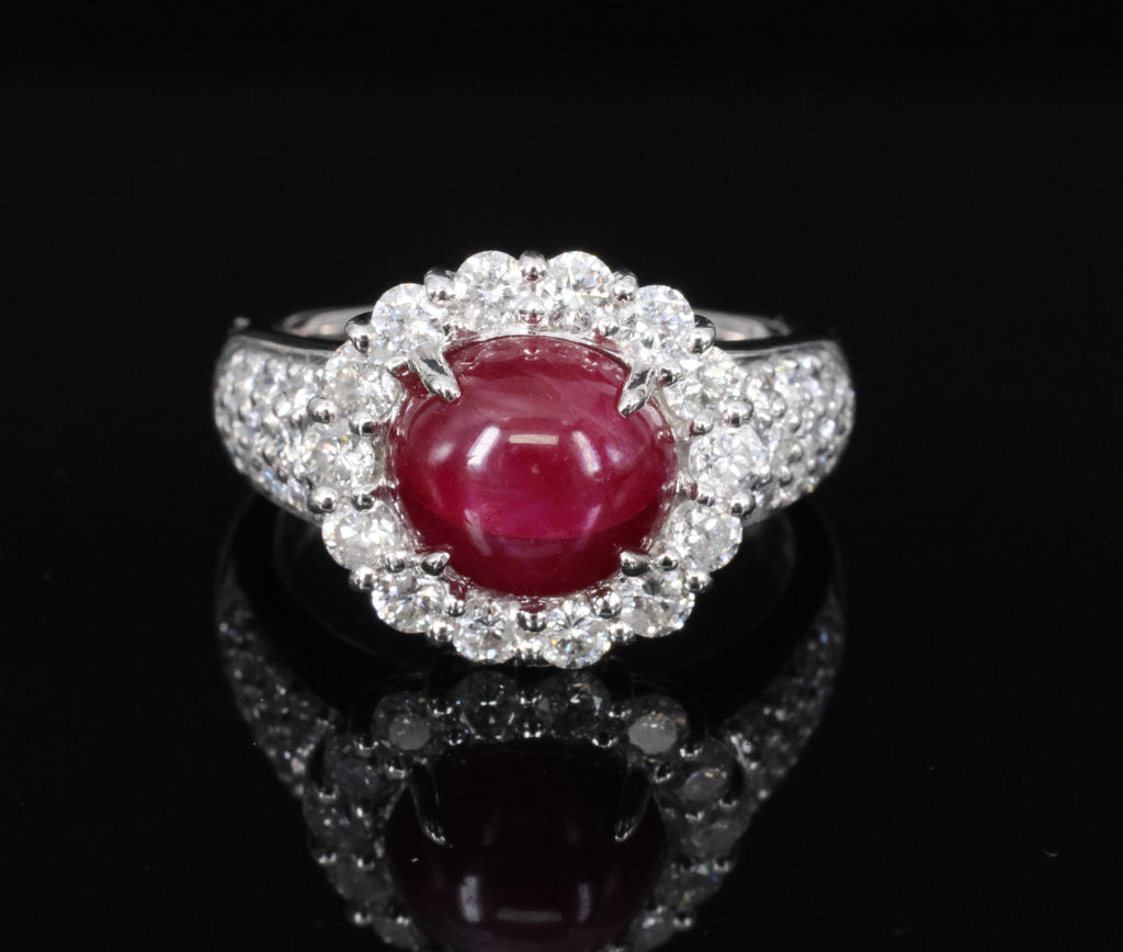 4.39ct Natural Untreated Star Ruby & 1.30ct Diamond Halo Platinum Ring, Size 7