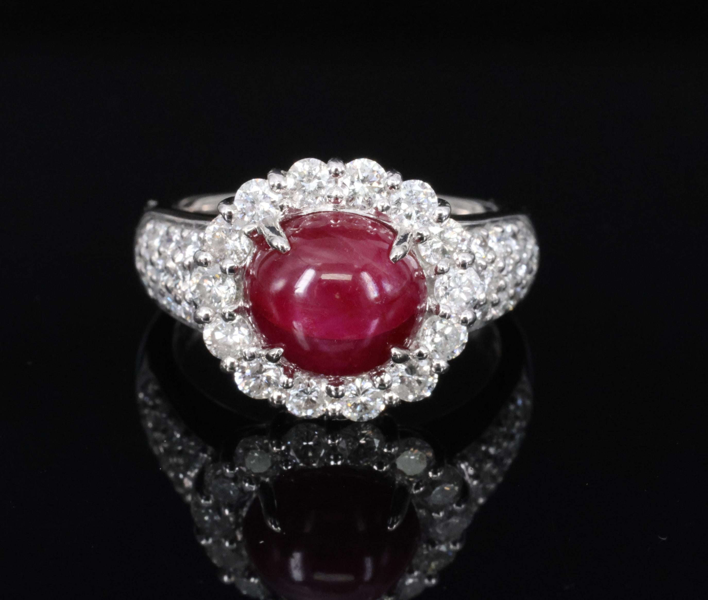 4.39ct Natural Untreated Star Ruby & 1.30ct Diamond Halo Platinum Ring, Size 7