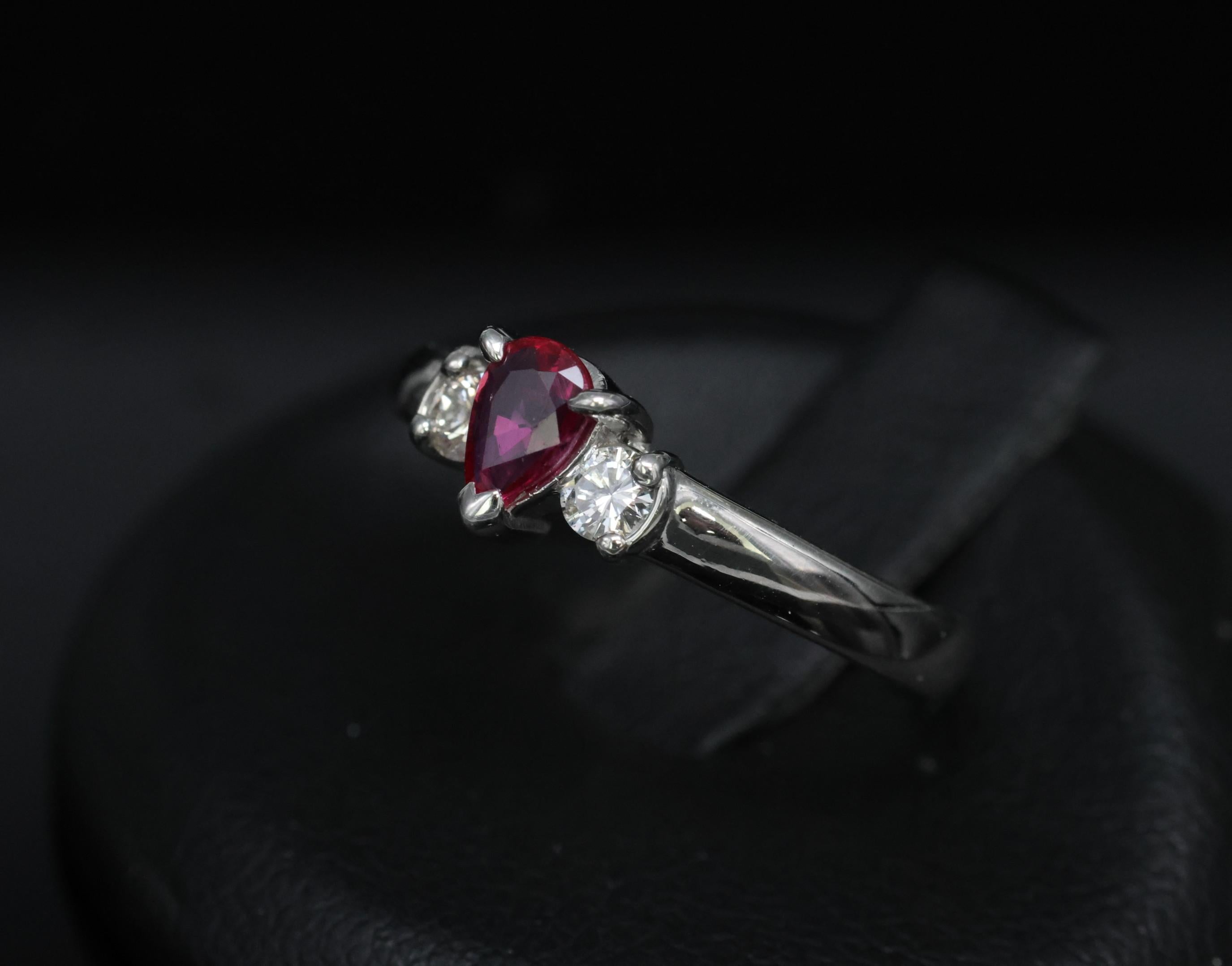 0.31ct Pear Shape Natural Ruby & 0.14ct Diamond Platinum Ring Size 6.25, 2.8g