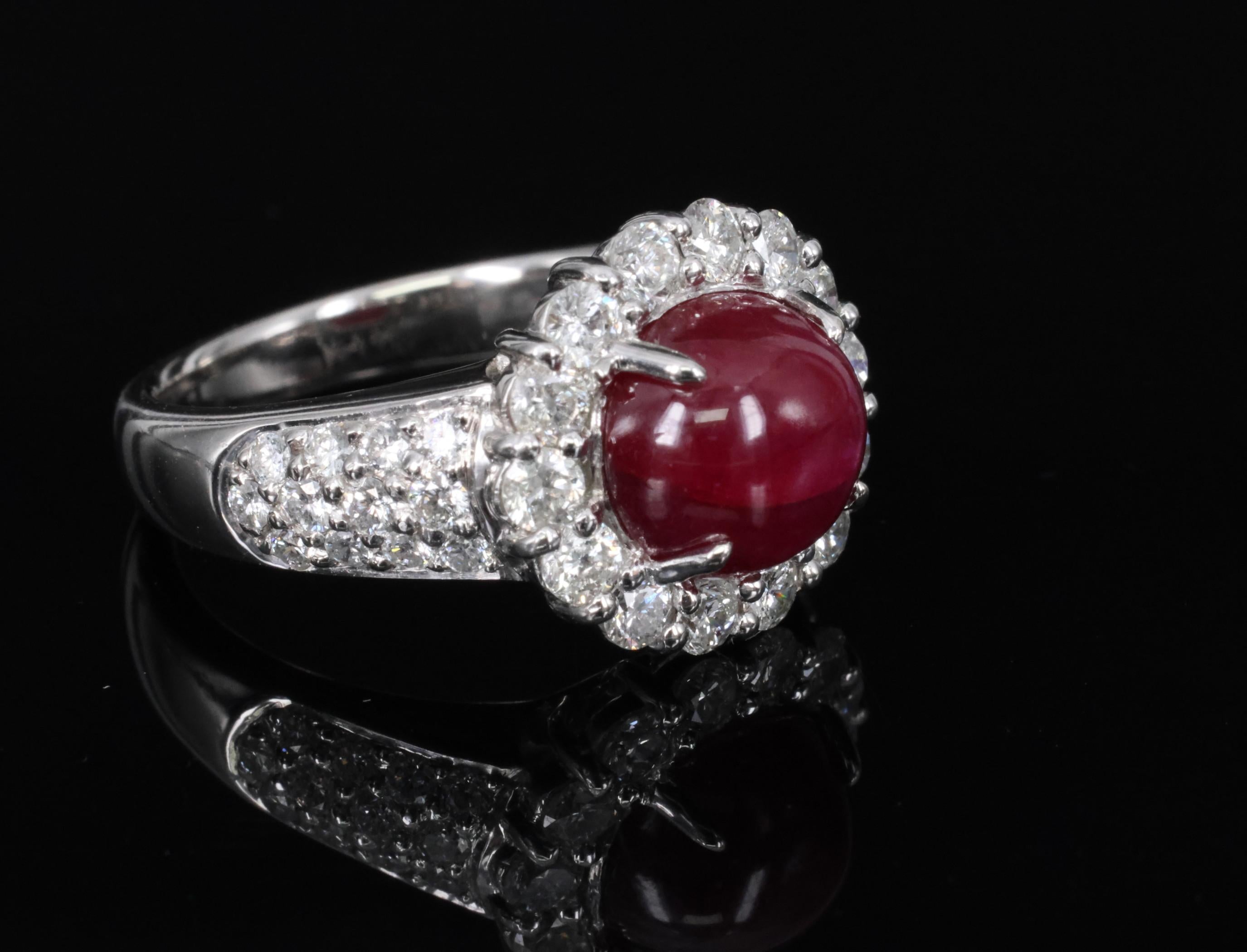 4.39ct Natural Untreated Star Ruby & 1.30ct Diamond Halo Platinum Ring, Size 7
