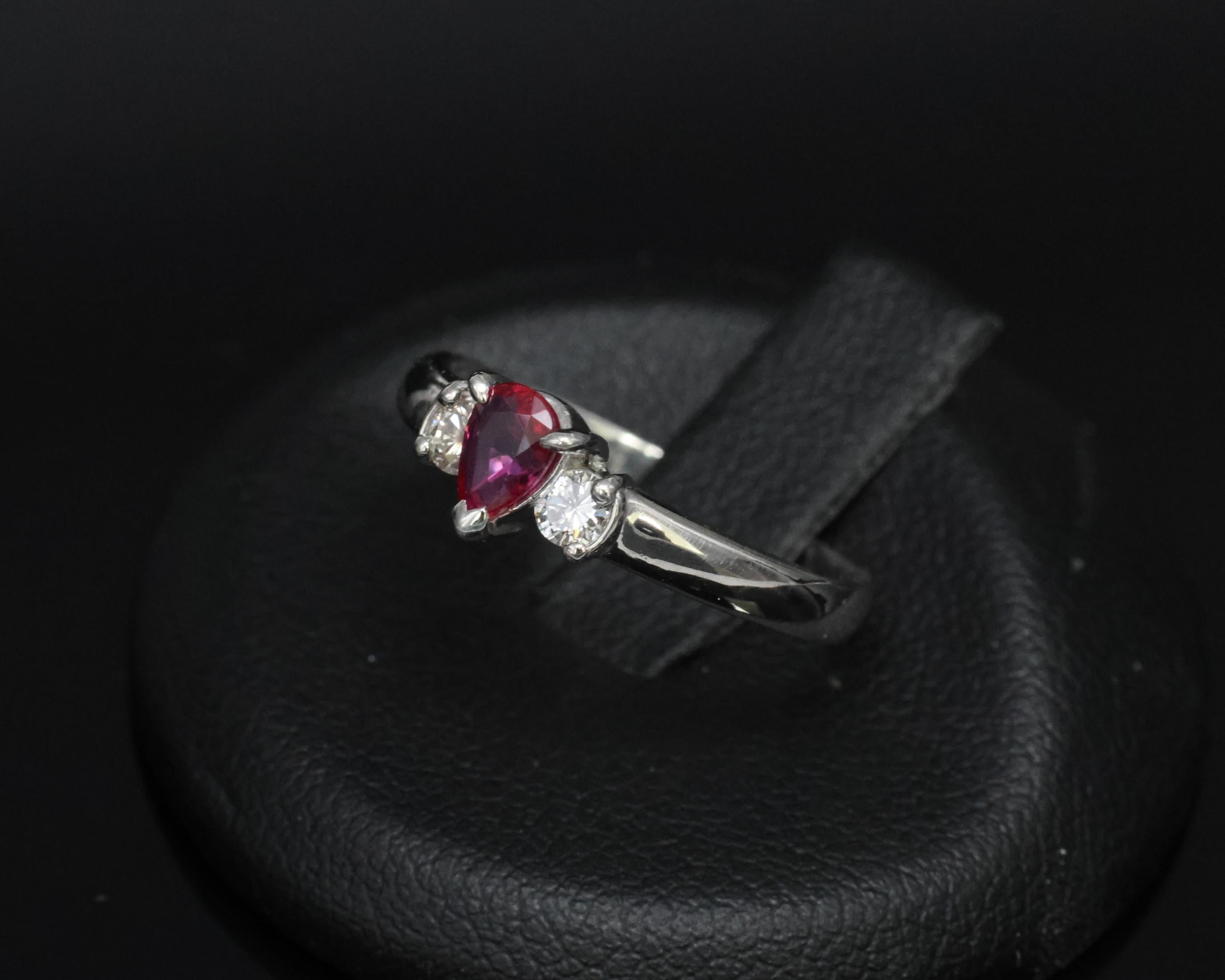 0.31ct Pear Shape Natural Ruby & 0.14ct Diamond Platinum Ring Size 6.25, 2.8g