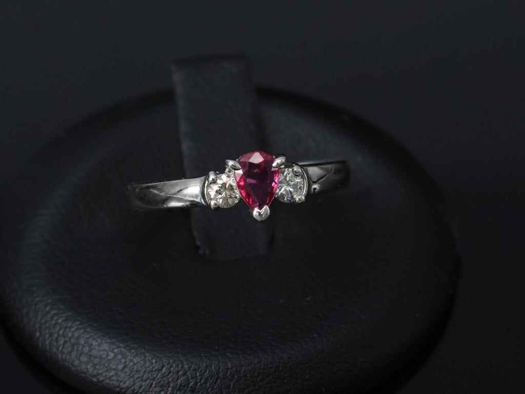 0.31ct Pear Shape Natural Ruby & 0.14ct Diamond Platinum Ring Size 6.25, 2.8g