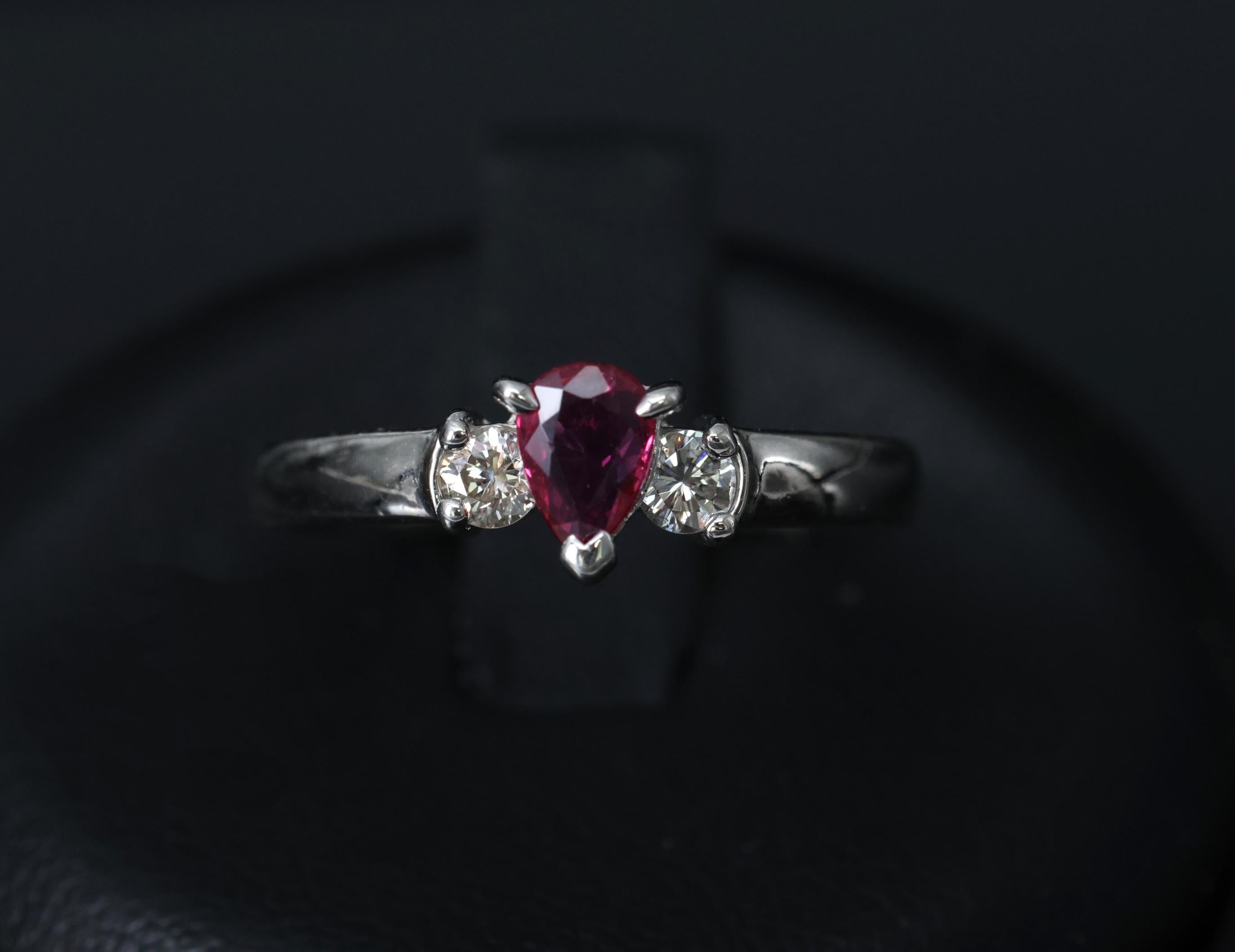 0.31ct Pear Shape Natural Ruby & 0.14ct Diamond Platinum Ring Size 6.25, 2.8g