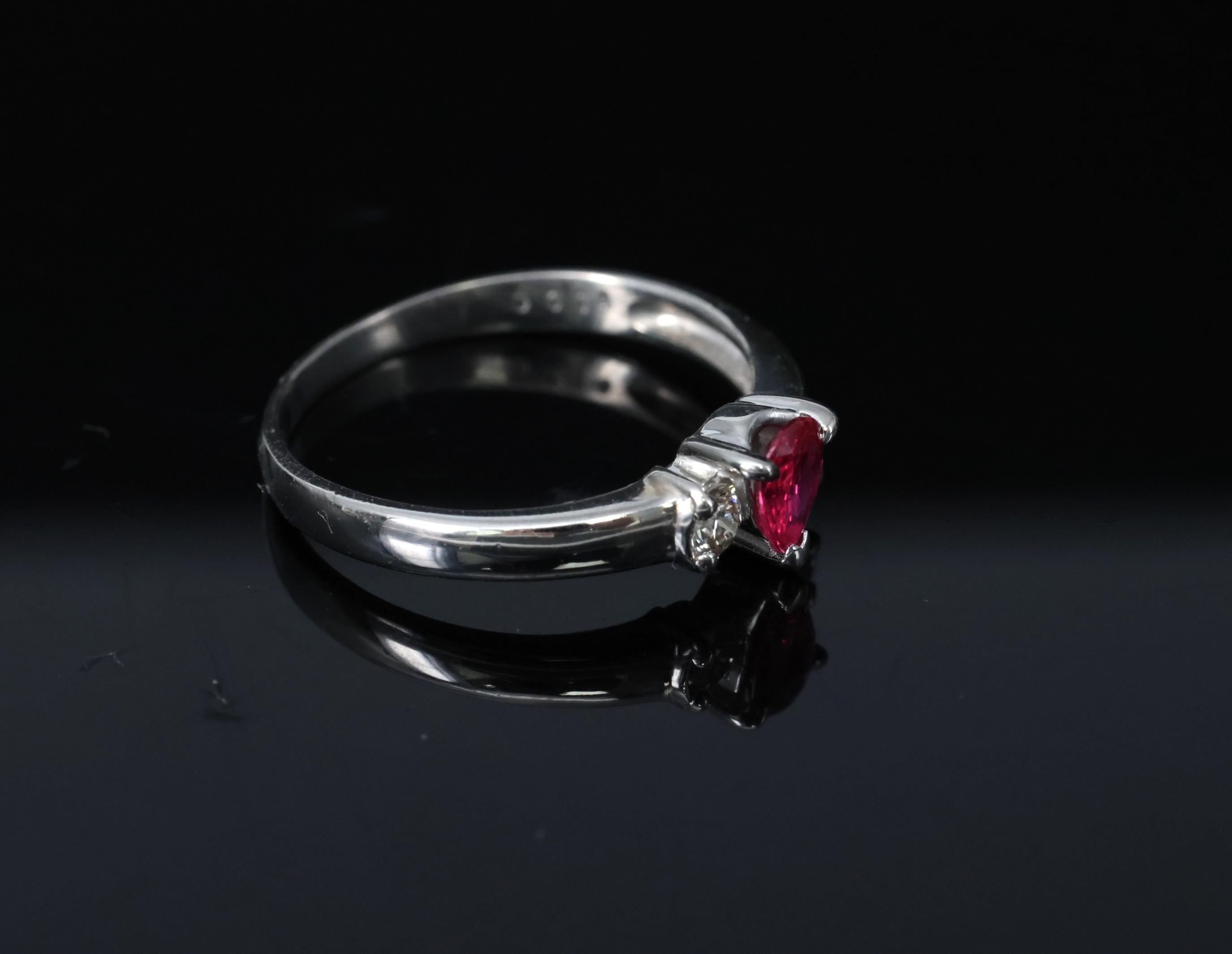 0.31ct Pear Shape Natural Ruby & 0.14ct Diamond Platinum Ring Size 6.25, 2.8g