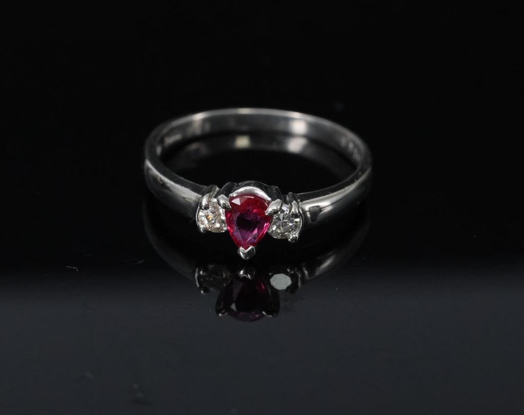0.31ct Pear Shape Natural Ruby & 0.14ct Diamond Platinum Ring Size 6.25, 2.8g