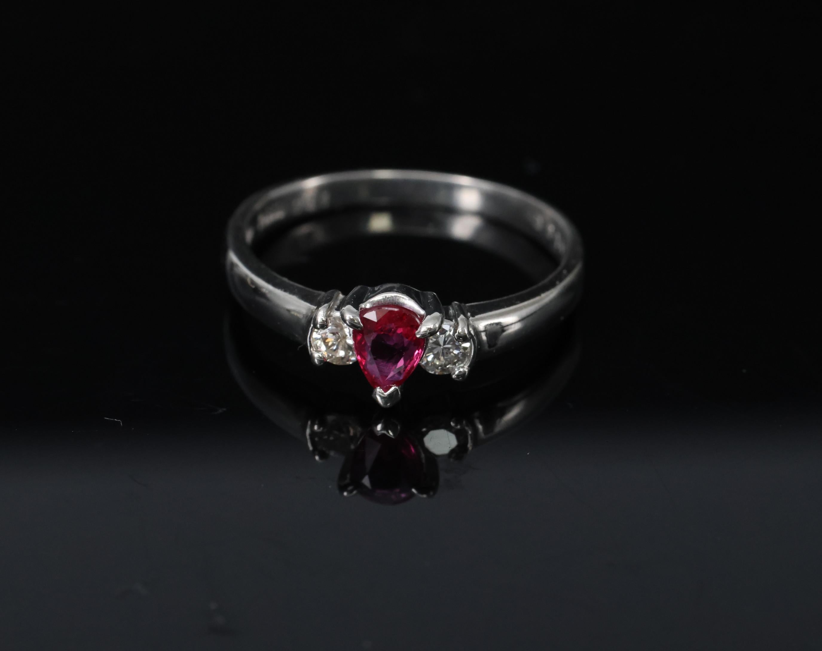 0.31ct Pear Shape Natural Ruby & 0.14ct Diamond Platinum Ring Size 6.25, 2.8g