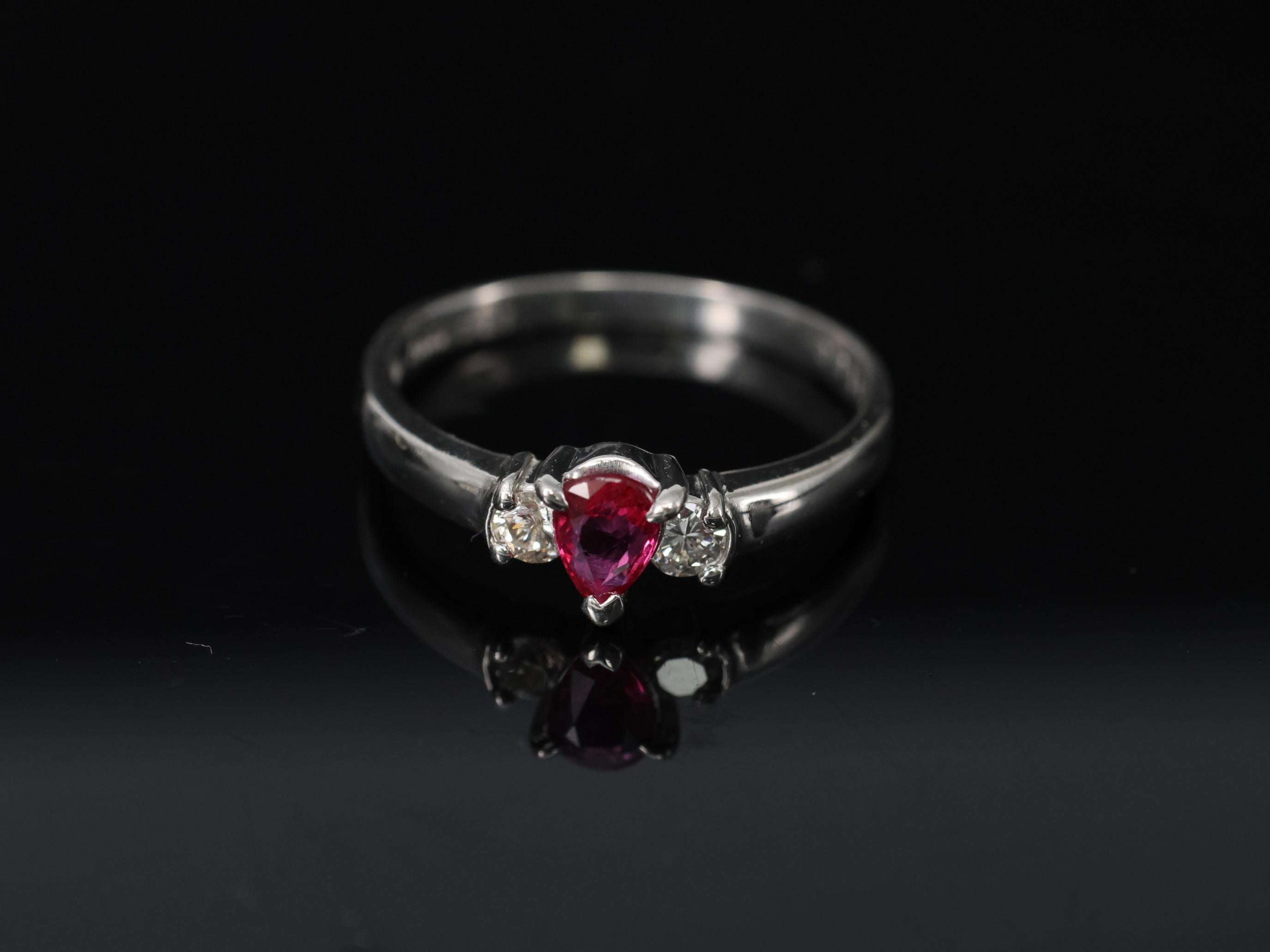 0.31ct Pear Shape Natural Ruby & 0.14ct Diamond Platinum Ring Size 6.25, 2.8g
