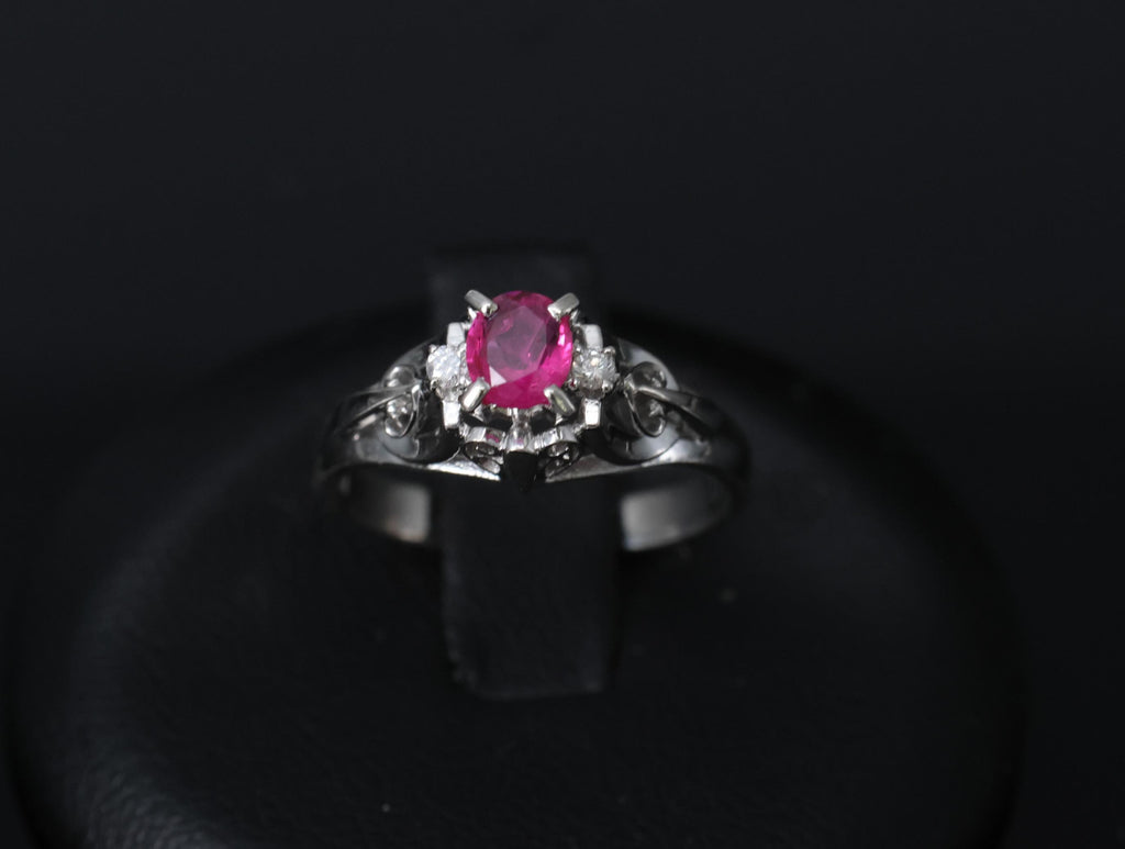 Vintage 0.30ct Ruby & 0.06ct Diamond Handmade Platinum Ring Size 6.25, 3.54g