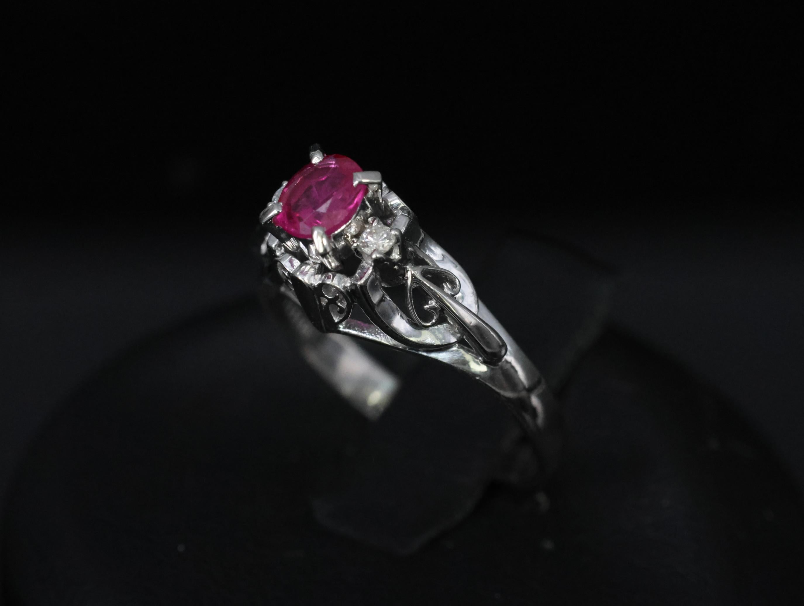 Vintage 0.30ct Ruby & 0.06ct Diamond Handmade Platinum Ring Size 6.25, 3.54g