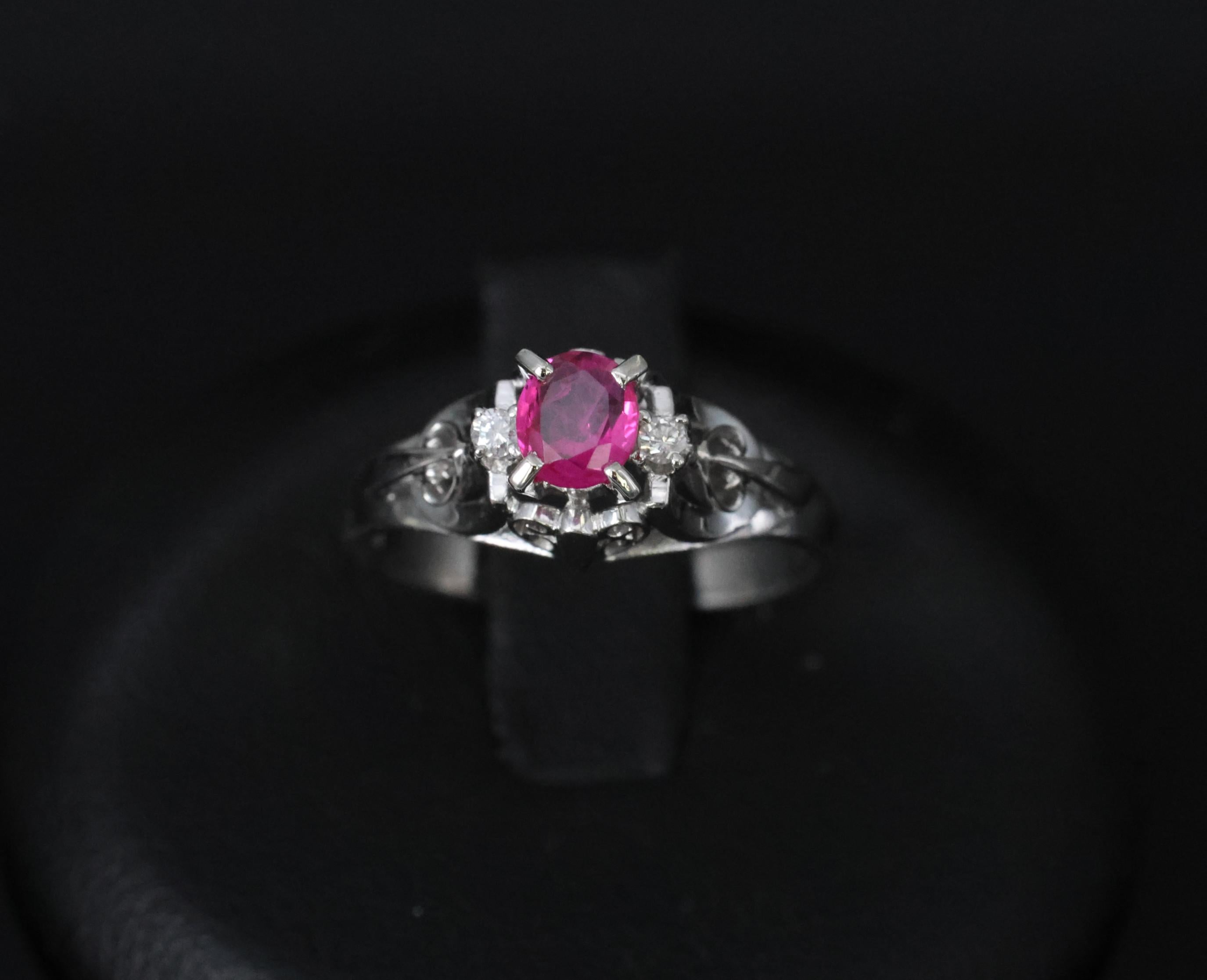Vintage 0.30ct Ruby & 0.06ct Diamond Handmade Platinum Ring Size 6.25, 3.54g