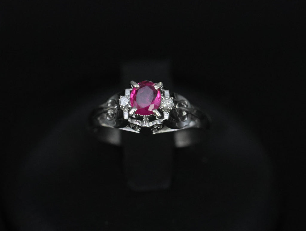 Vintage 0.30ct Ruby & 0.06ct Diamond Handmade Platinum Ring Size 6.25, 3.54g