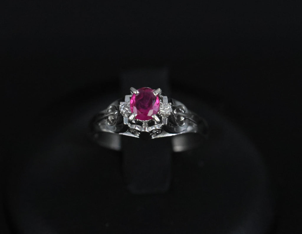 Vintage 0.30ct Ruby & 0.06ct Diamond Handmade Platinum Ring Size 6.25, 3.54g