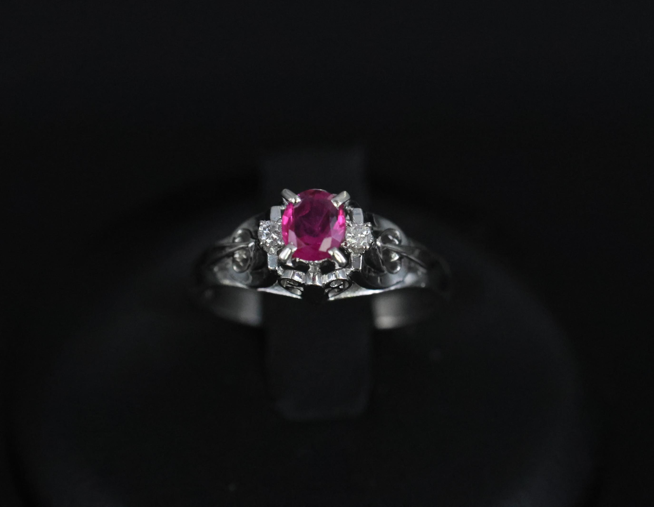 Vintage 0.30ct Ruby & 0.06ct Diamond Handmade Platinum Ring Size 6.25, 3.54g