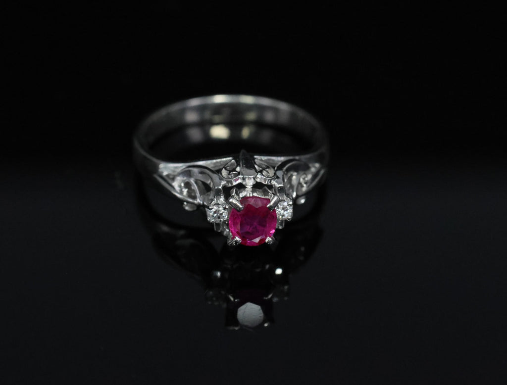 Vintage 0.30ct Ruby & 0.06ct Diamond Handmade Platinum Ring Size 6.25, 3.54g