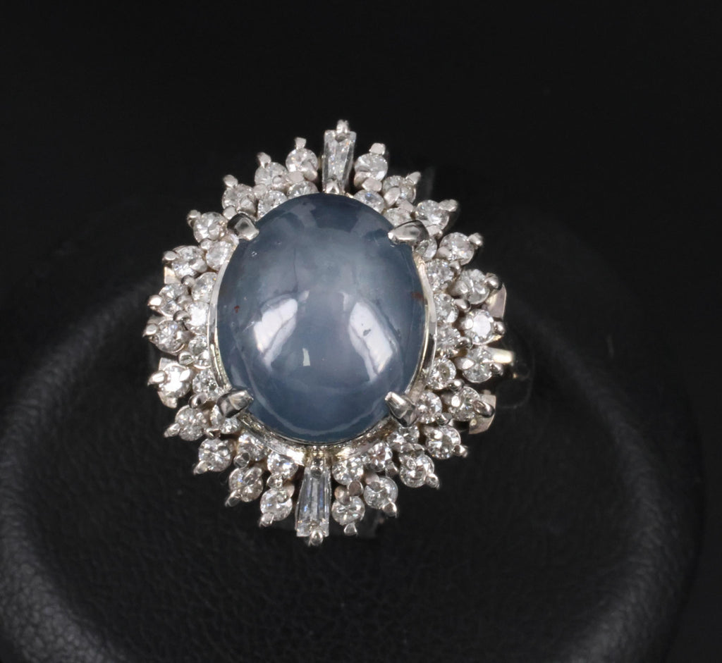 12.50ct Natural Blue Star Sapphire & 0.80ct Diamond Halo Platinum Ring Size 7.25