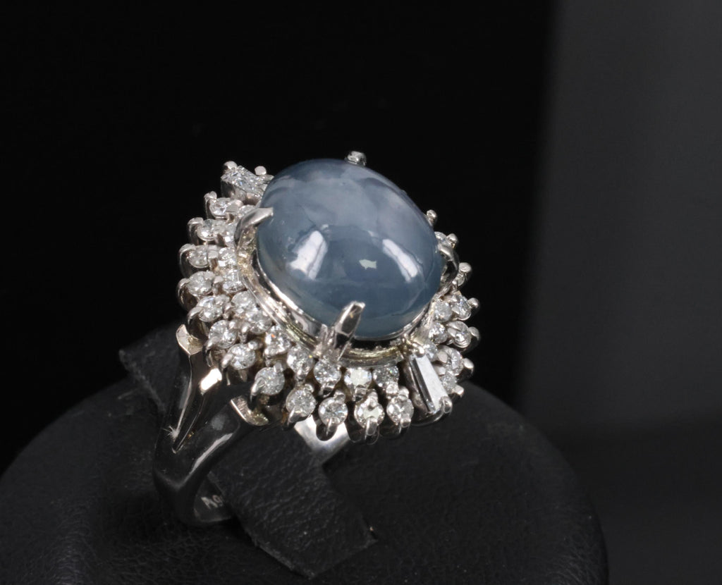 12.50ct Natural Blue Star Sapphire & 0.80ct Diamond Halo Platinum Ring Size 7.25