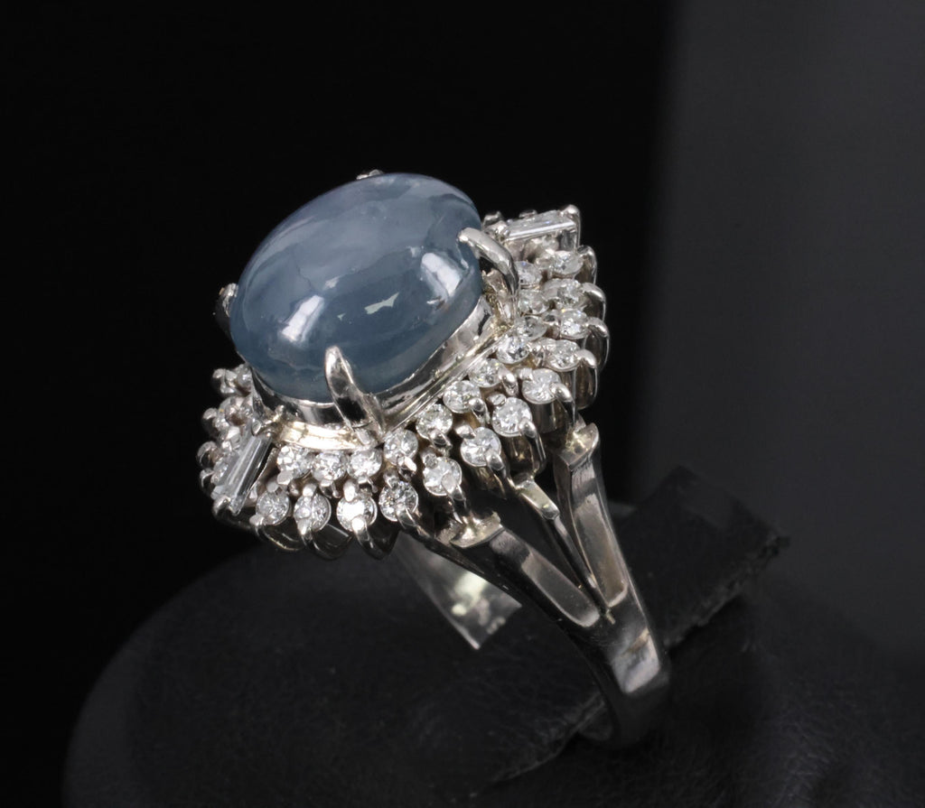 12.50ct Natural Blue Star Sapphire & 0.80ct Diamond Halo Platinum Ring Size 7.25