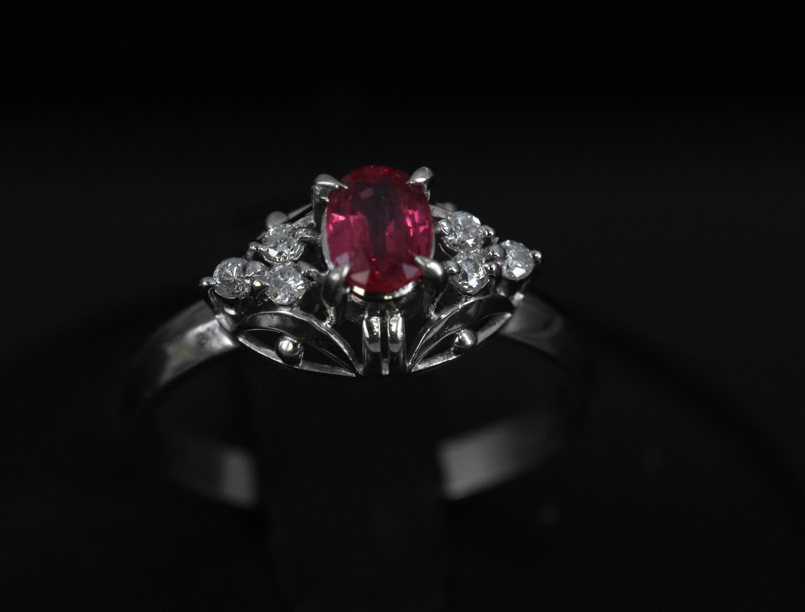 Vintage 0.44ct Ruby & 0.09ct Diamond Handmade Decorated Platinum Ring Size 4.5