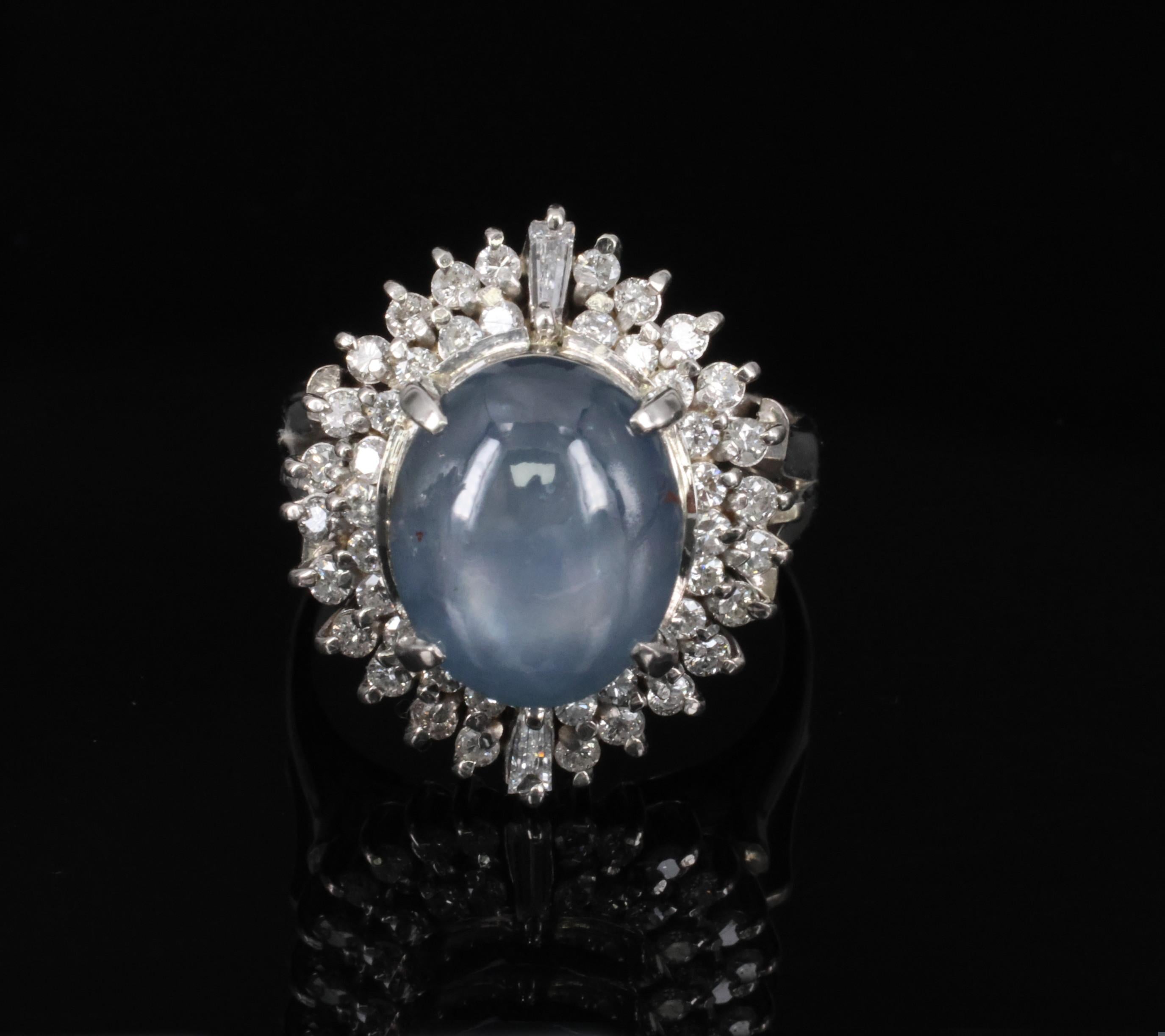 12.50ct Natural Blue Star Sapphire & 0.80ct Diamond Halo Platinum Ring Size 7.25