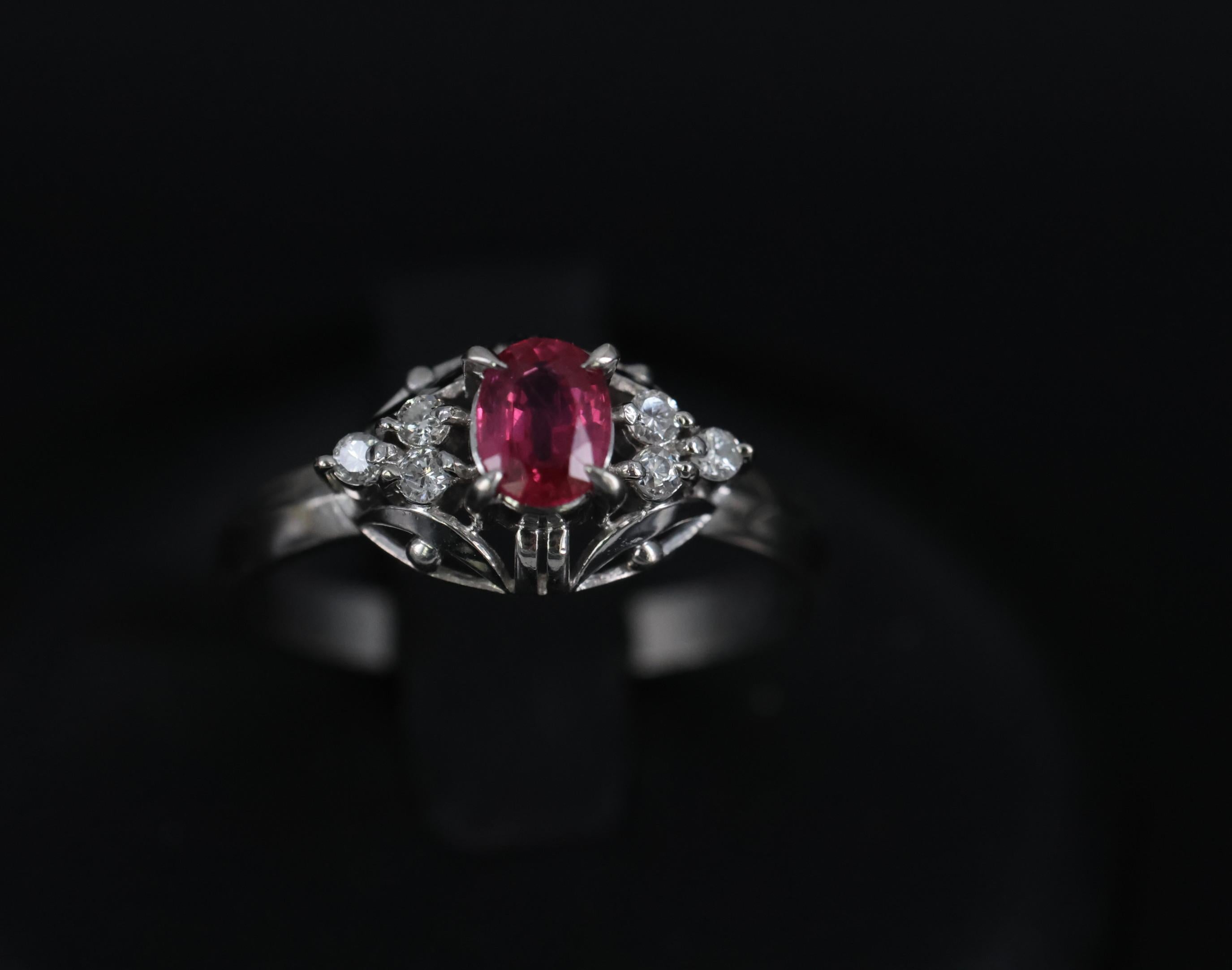 Vintage 0.44ct Ruby & 0.09ct Diamond Handmade Decorated Platinum Ring Size 4.5