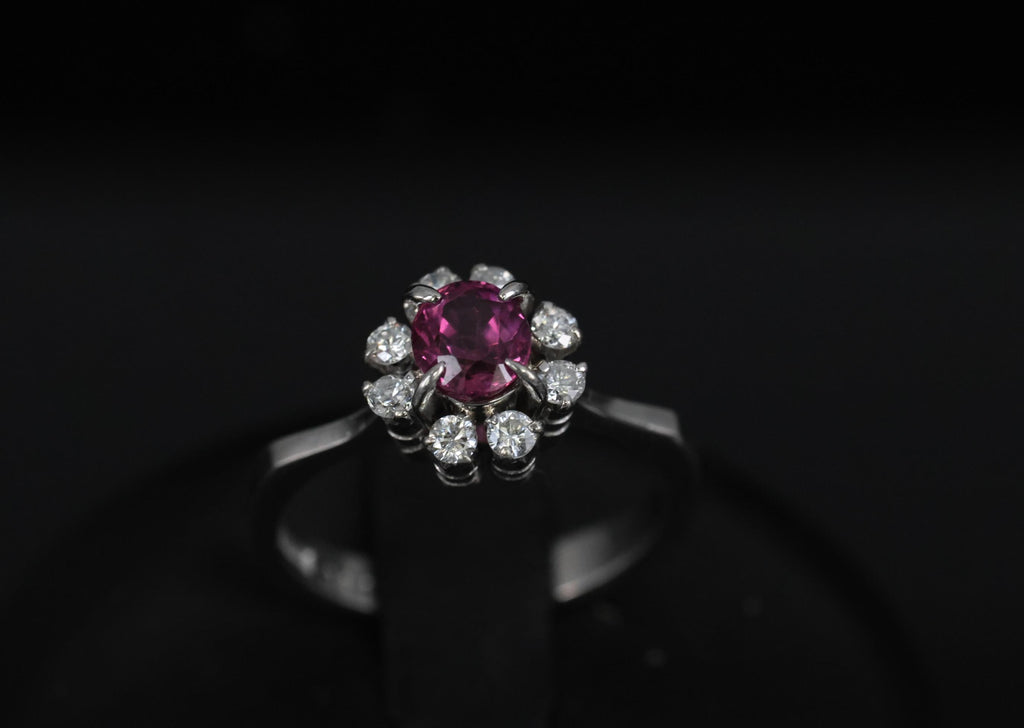 Fine 0.67ct Vivid Pink Sapphire & 0.20ct Diamond Platinum Halo Ring Size 5