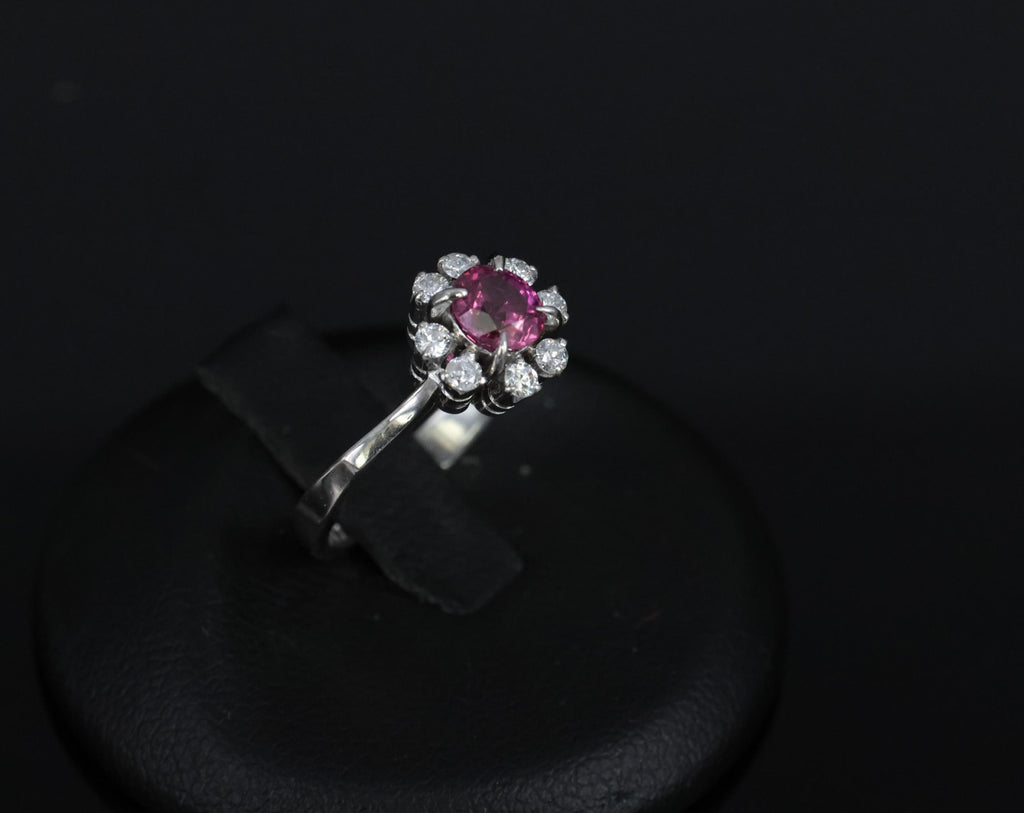 Fine 0.67ct Vivid Pink Sapphire & 0.20ct Diamond Platinum Halo Ring Size 5