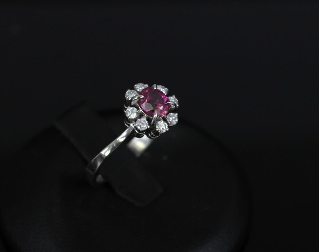 Fine 0.67ct Vivid Pink Sapphire & 0.20ct Diamond Platinum Halo Ring Size 5
