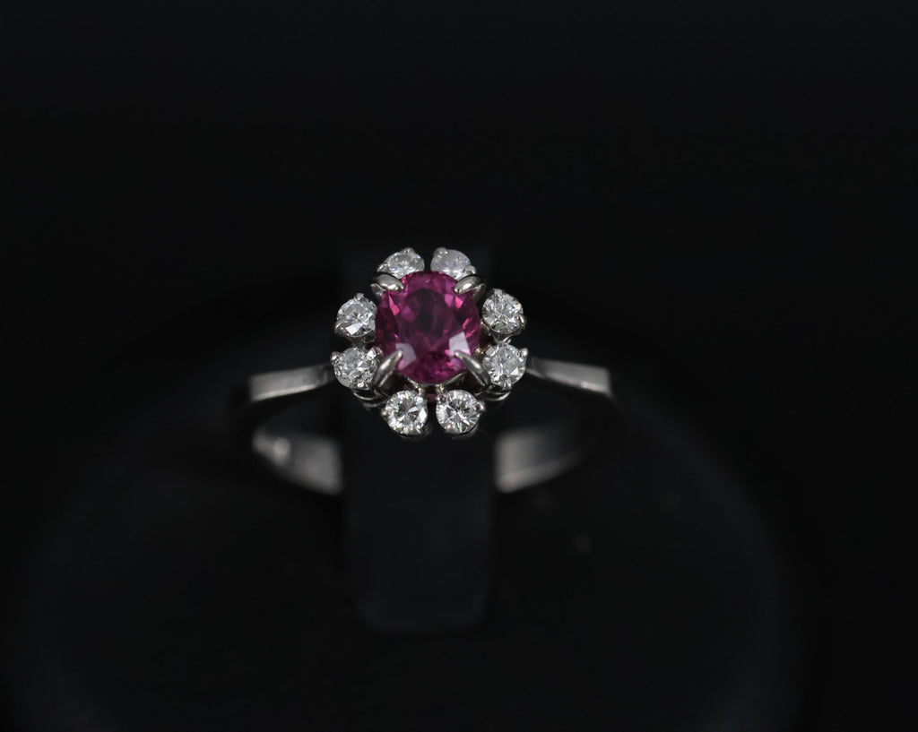 Fine 0.67ct Vivid Pink Sapphire & 0.20ct Diamond Platinum Halo Ring Size 5