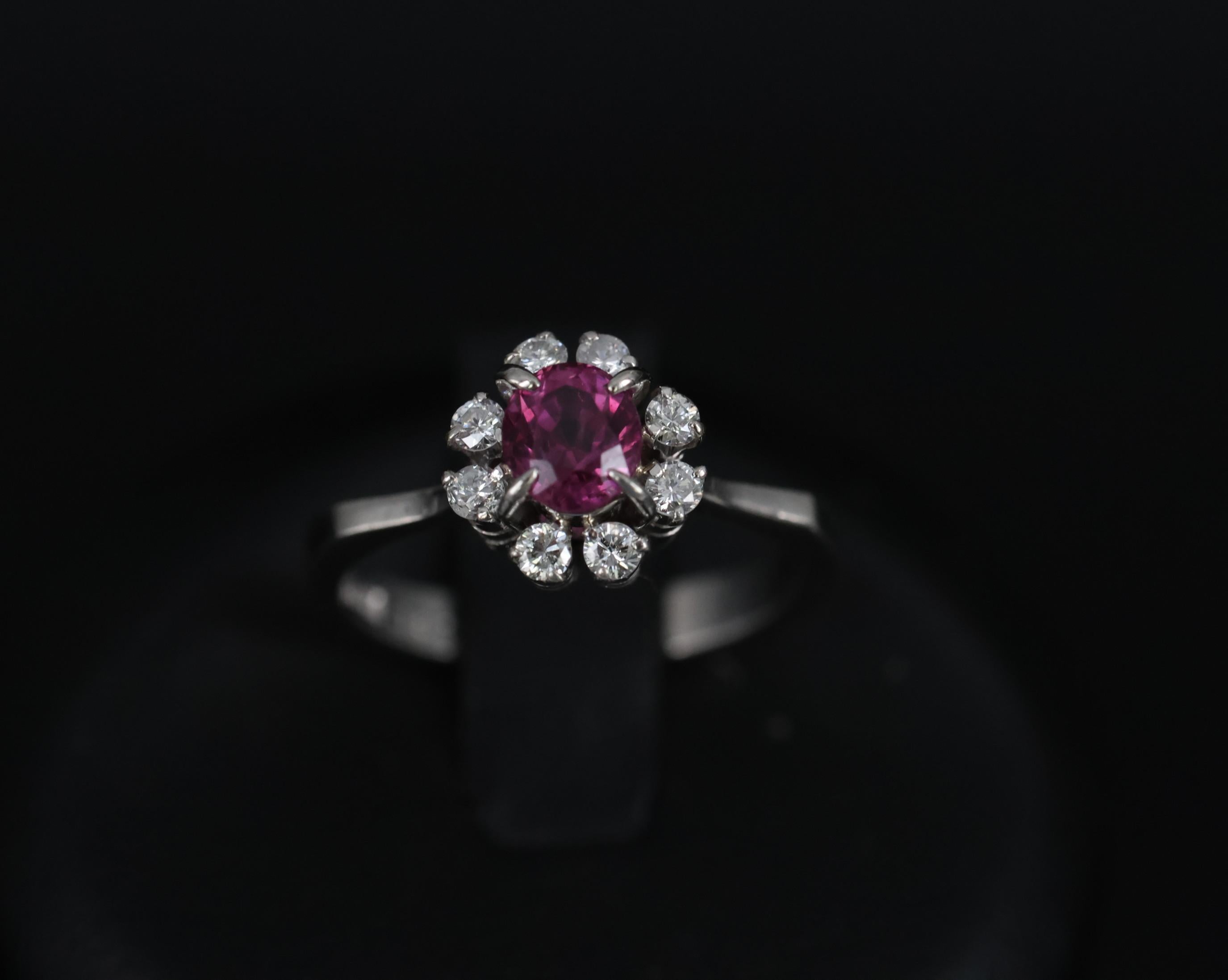 Fine 0.67ct Vivid Pink Sapphire & 0.20ct Diamond Platinum Halo Ring Size 5