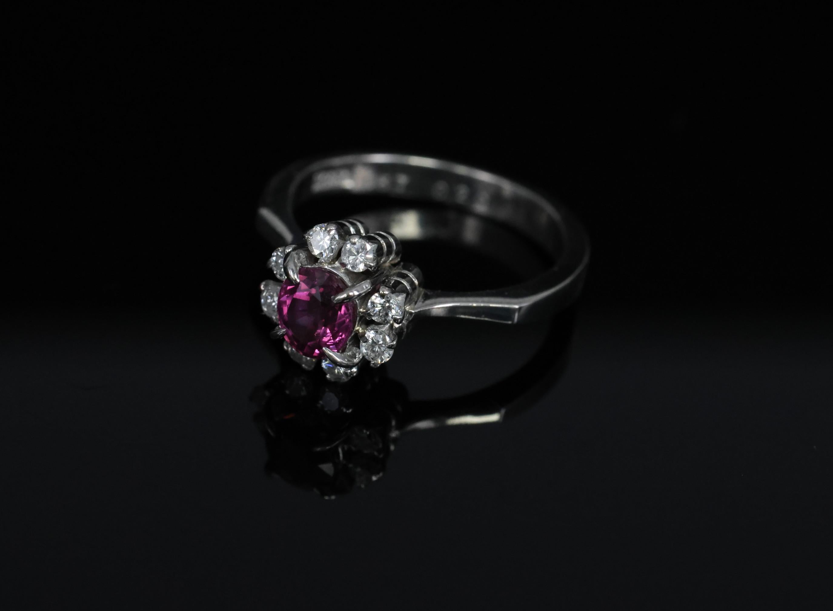 Fine 0.67ct Vivid Pink Sapphire & 0.20ct Diamond Platinum Halo Ring Size 5