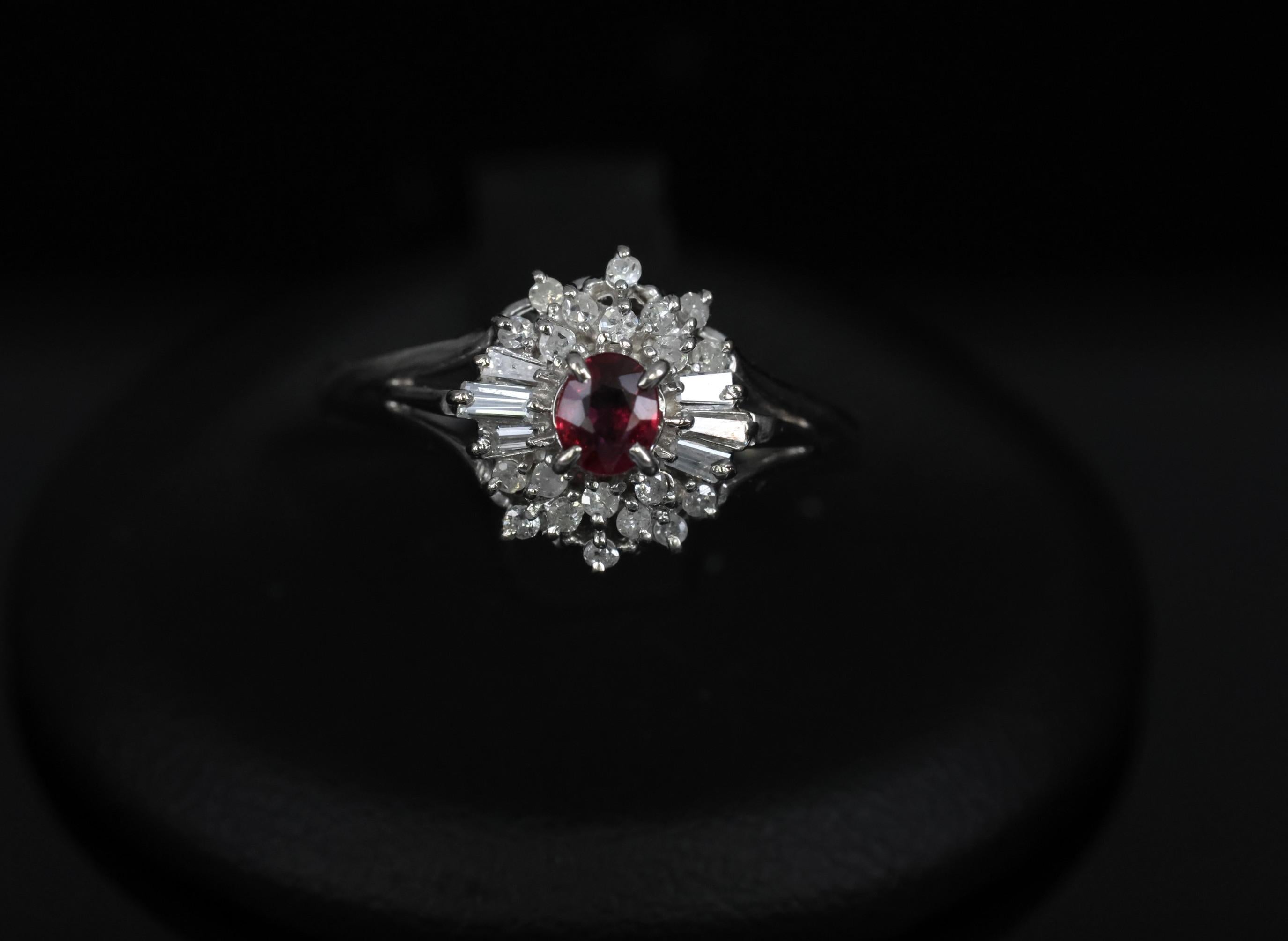 Vintage 0.30ct Intense Red Ruby & 0.24ct Diamond Platinum Ring Size 8, 3.71g