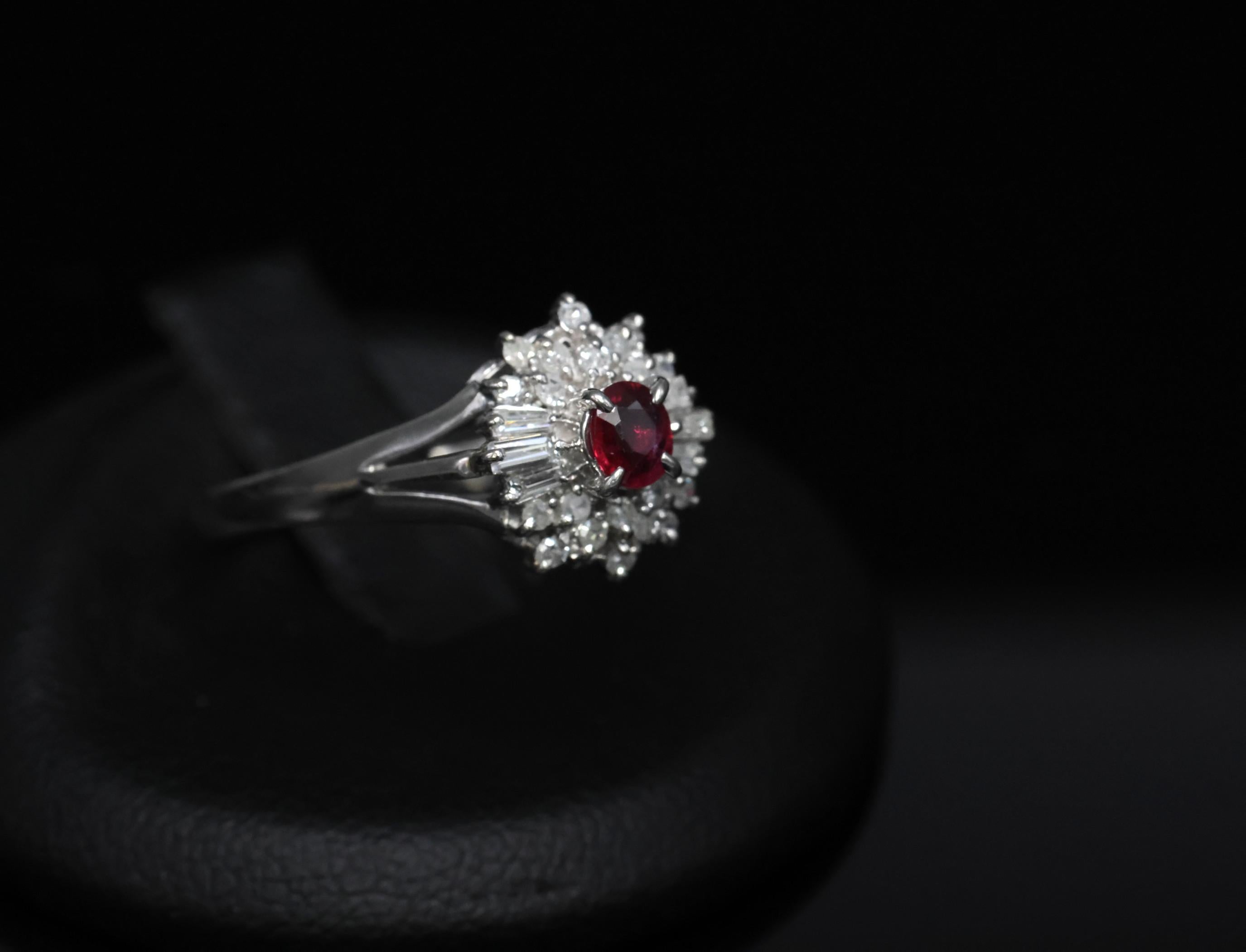 Vintage 0.30ct Intense Red Ruby & 0.24ct Diamond Platinum Ring Size 8, 3.71g