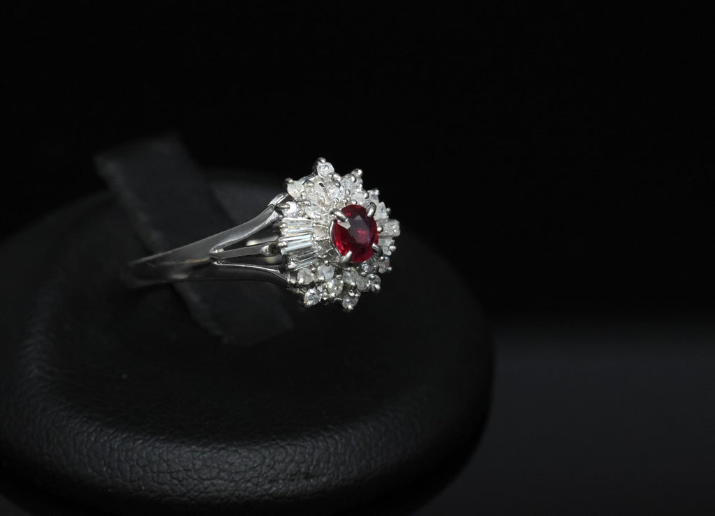 Vintage 0.30ct Intense Red Ruby & 0.24ct Diamond Platinum Ring Size 8, 3.71g