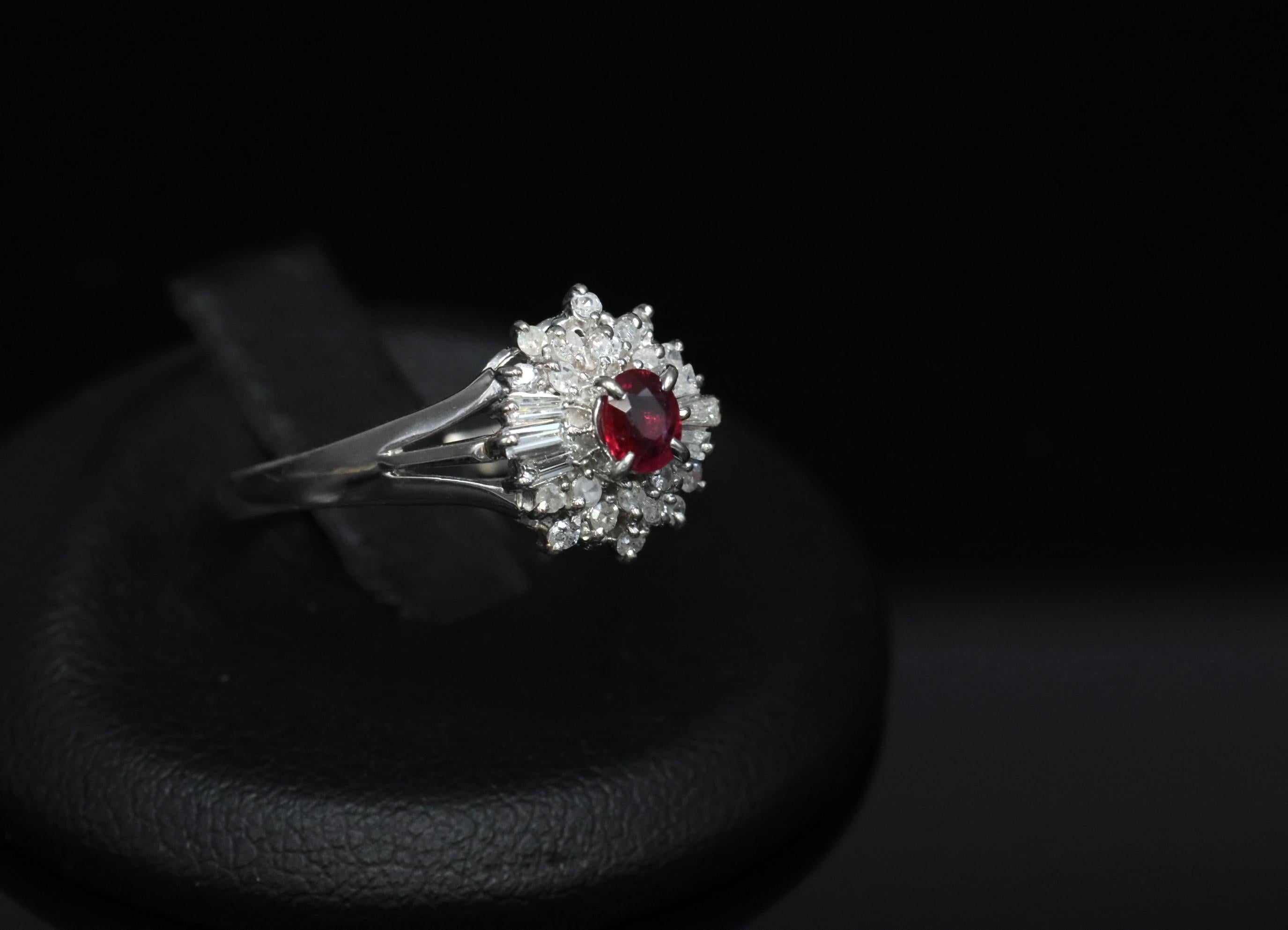 Vintage 0.30ct Intense Red Ruby & 0.24ct Diamond Platinum Ring Size 8, 3.71g