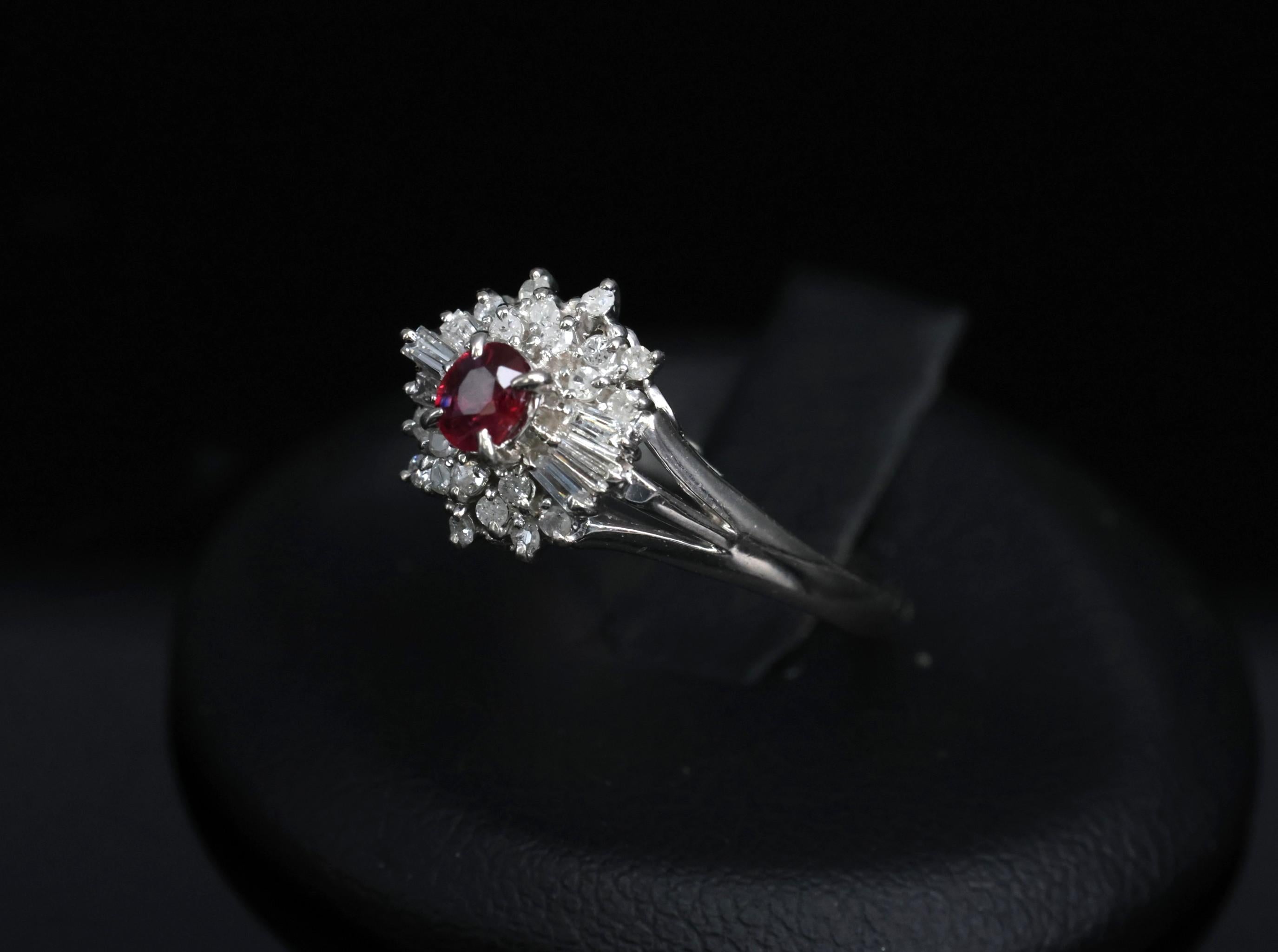 Vintage 0.30ct Intense Red Ruby & 0.24ct Diamond Platinum Ring Size 8, 3.71g