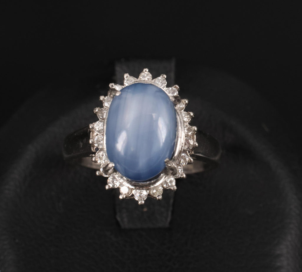 Estate 8.04ct Natural Star Sapphire &0.26ct Diamond Halo Platinum Ring Size 4.75